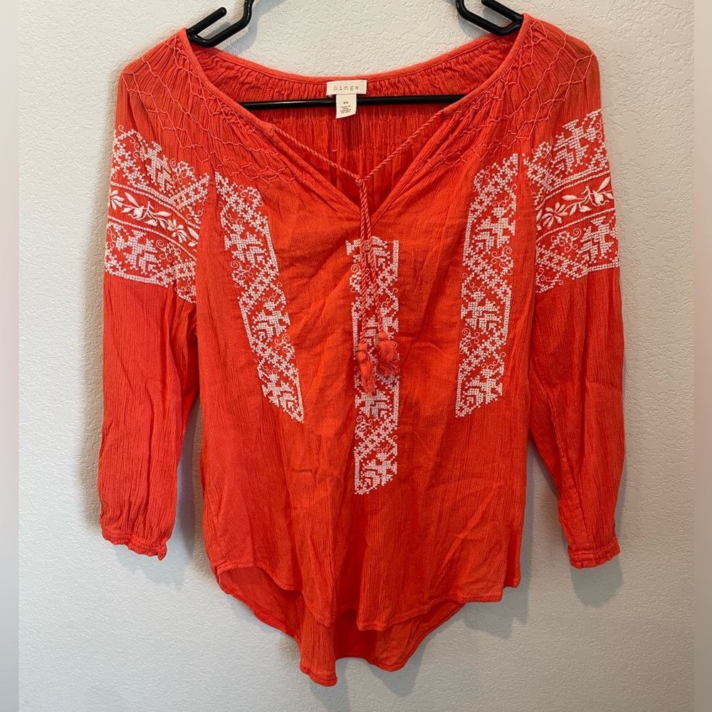 Hinge Orange Embroidered Boho Blouse Tassel Tie 3/4 Sleeve Size XS